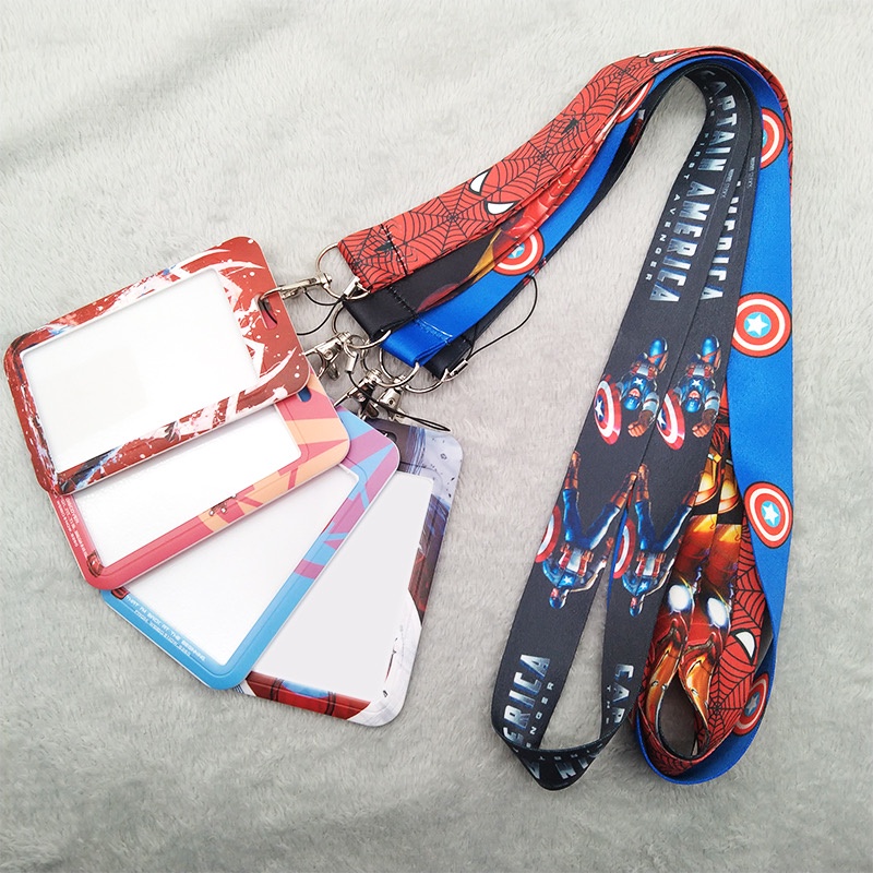 Captain America Iron Spider Man Card Case dengan Leher Lanyard Marvel Heroes Gaya Kartun ID Lencana Pelindung Pemegang Lengan