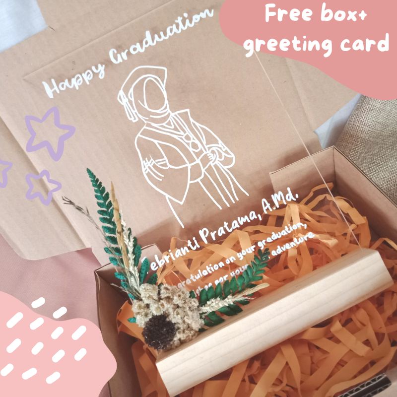 AKRILIK LETTERING RUSTIK BUNGA KERING AESTETIK • FREE BOX + KARTU UCAPAN | HAMPERS KADO WISUDA • SID