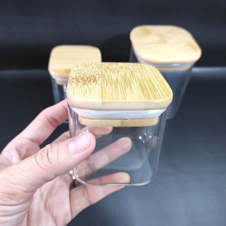 Toples Kaca Tutup Kayu Kedap Udara Bambu Beling Canister Wooden Jar Kue