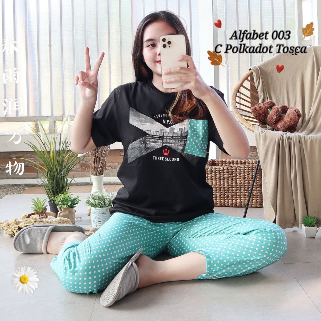 IZANY Piyama Dewasa Size S/ CP Atasan kaos Tebal-ALFABET 003 POLKA TO