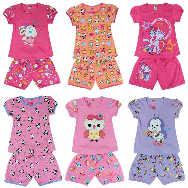 SETELAN KLEPON BAJU ANAK PEREMPUAN 2-7 TAHUN MOTIF RANDOM CELANA PENDEK LENGAN PENDEK