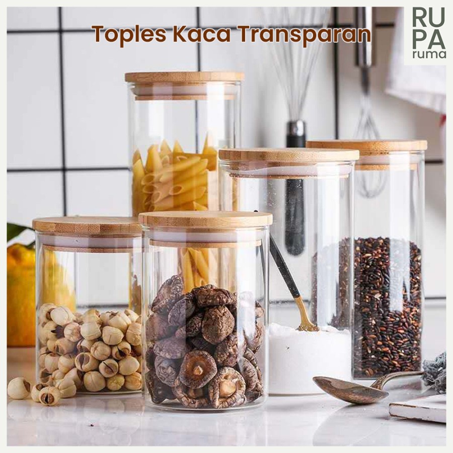 Toples Kaca Bumbu Snack Teh Permen Camilan Teh Kopi Serbaguna Tutup Kayu Jar Kedap Udara Airtight