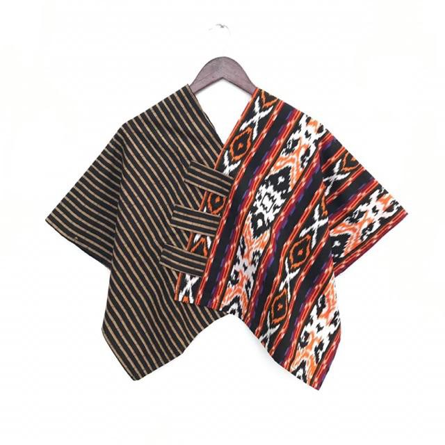 Blus Croptop Cropping Lurik Kombinasi Motif Tenun Baju Batik Kantoran Wanita Casual Formal Katun Warna-#3 (Orens)