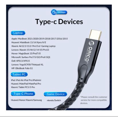 Type c thunderbolt to usb-c 3.2 L-shape cable orico 3 meter 3m gold sync charge 20Gbps 4k 60hz pd 100w 5A bi-direct CSL32-30