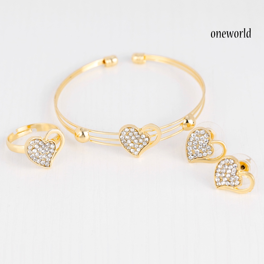 OW@ Rhinestone Hollow Love Heart Necklace Bangle Ring Earrings Banquet Jewelry Set