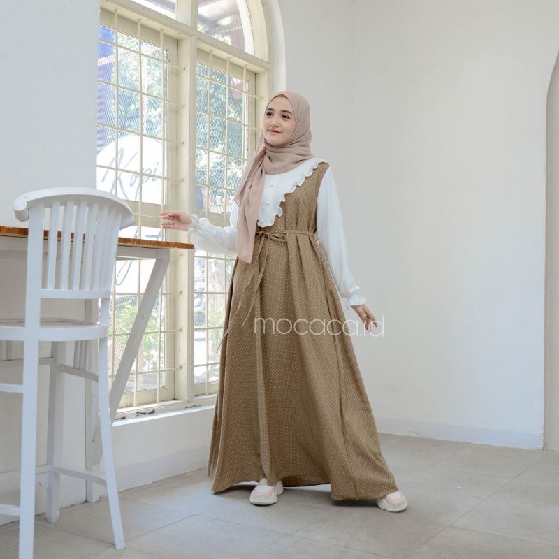 dress premiun bahan crincle polka kecil elegan putih hitam hijau olive dusty pink gamis tali ootd hijab terbaru bisa cod renda dindada busui dan wudhy friendly