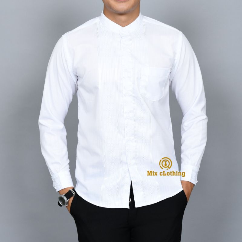 Baju Koko Muslim Pria | Kemeja Koko Pria SlimFit | Koko Dewasa Lengan Panjang Putih Premium Mutiara 1