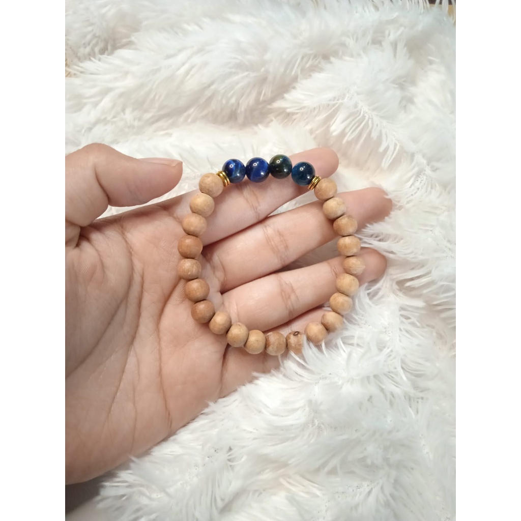 Gelang Batu Original Handmade Kayu Cendana Kombinasi Batu Alam Blue Tiger Eye