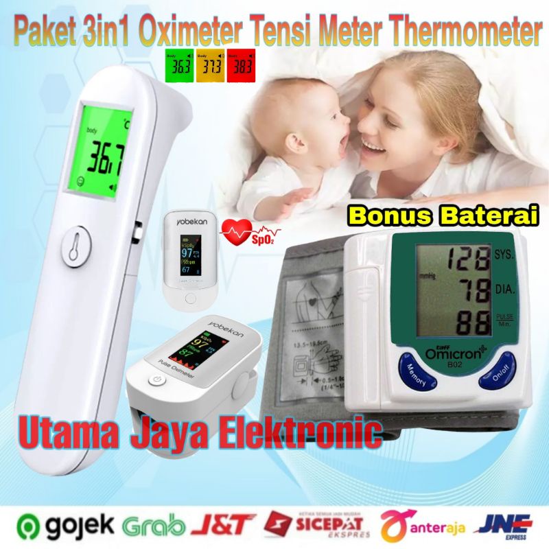 Paket 3in1 Oximeter Fingertip Tensi Meter Thermometer Infrared