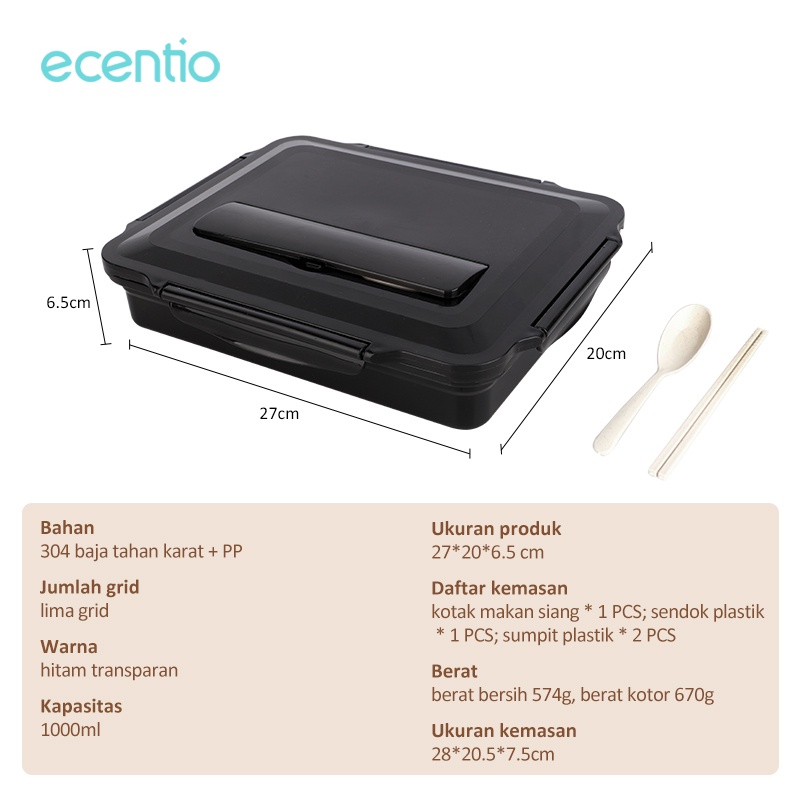 ecentio kotak makan stainless steel 5 grid dengan sendok sumpit gratis berbahan anti tumpah lunch box kotak bento