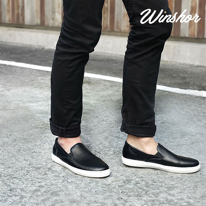 Winshor - Sepatu sneakers kulit pria - 9302 - Milton Black white