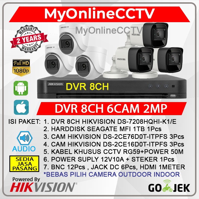 PAKET CCTV HIKVISION 6 KAMERA 2MP + SUARA DVR 8 CHANNEL