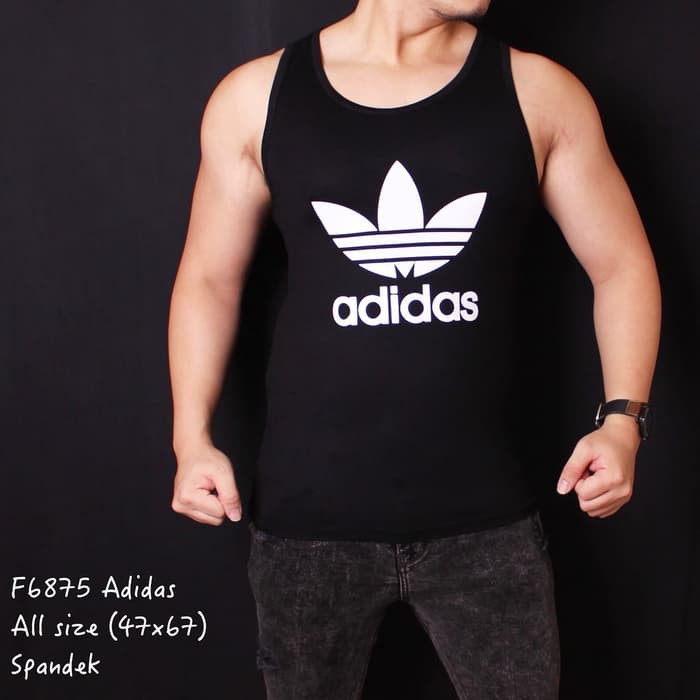 Asli Singlet Pria Gym Hitam Logo Lambang Adidas Putih Murah