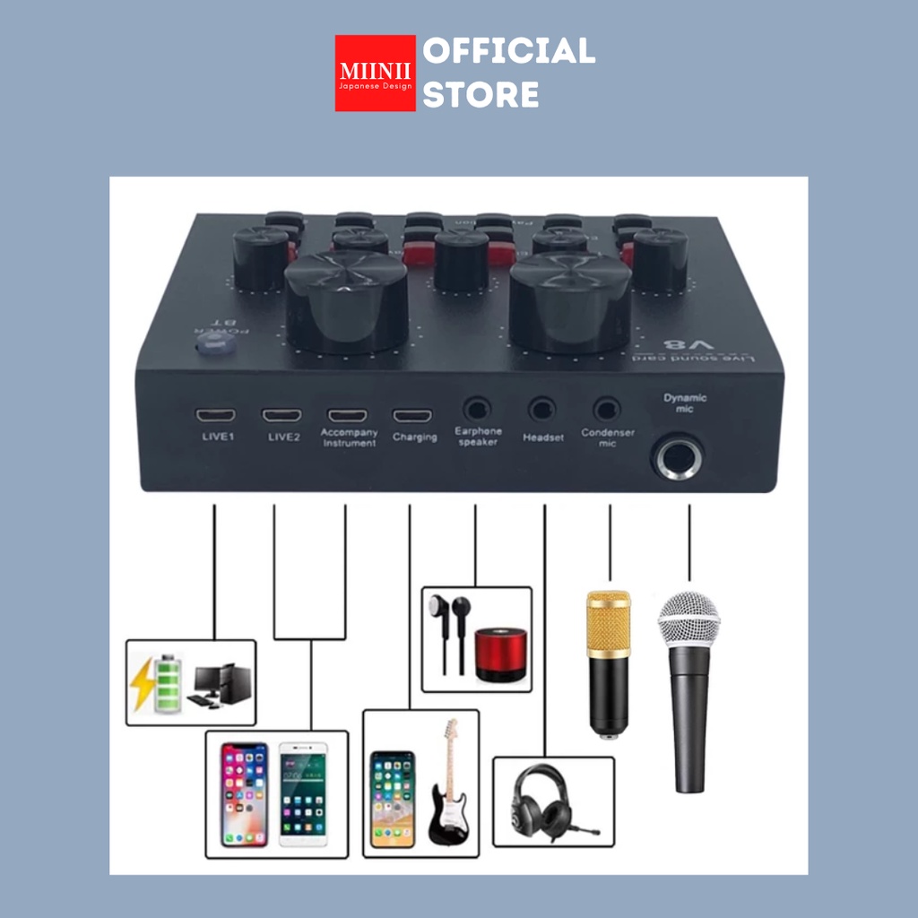 MIINII Professional Live Sound Card V8 Audio Live Bluetooth/External Untuk HP/Laptop/PC Karaoke Podcast