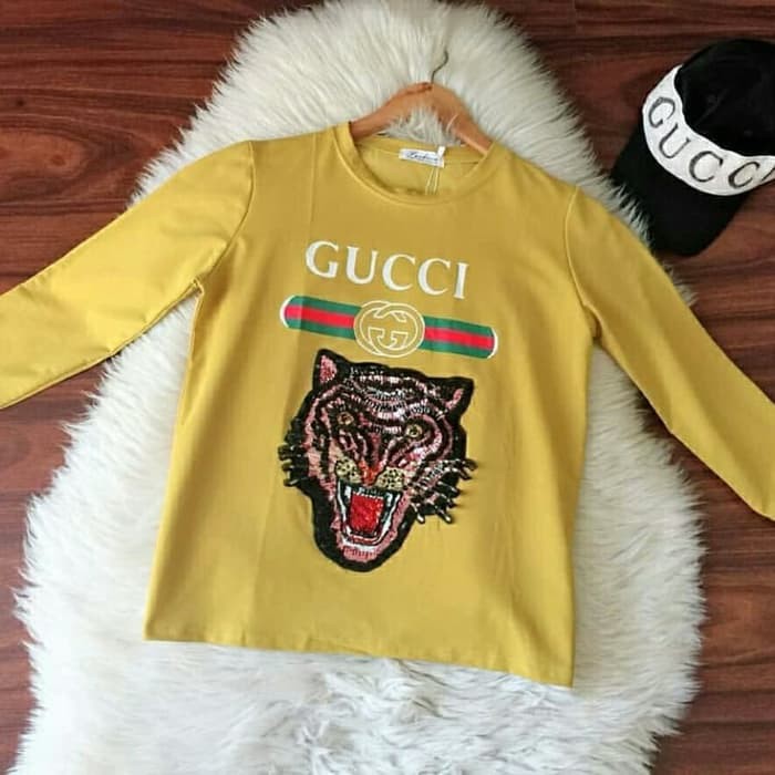 Gucci Macan Top Baju Atasan Wanita Kaos Cewek lengan Panjang - Mustard