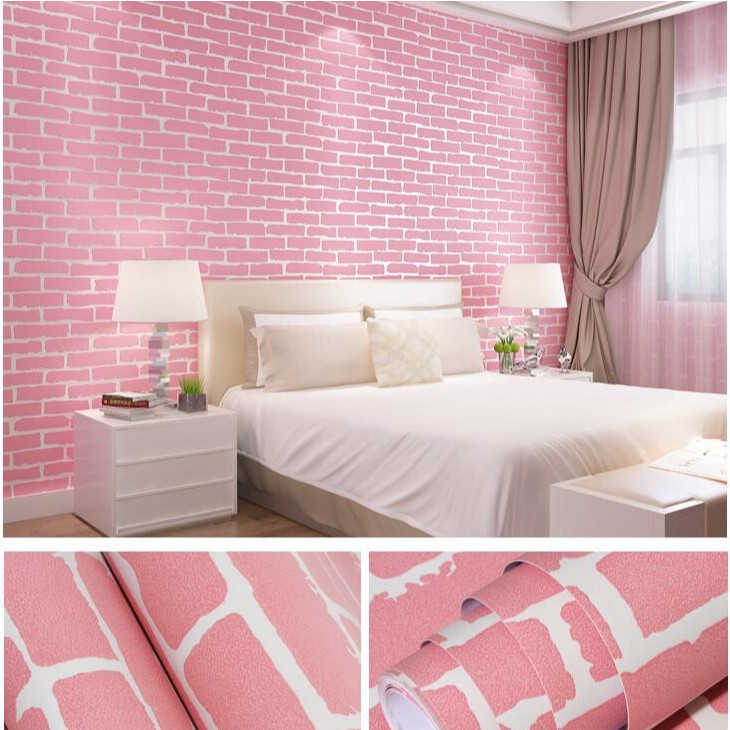 Wallpaper Dinding Motif Bata Pink List Putih