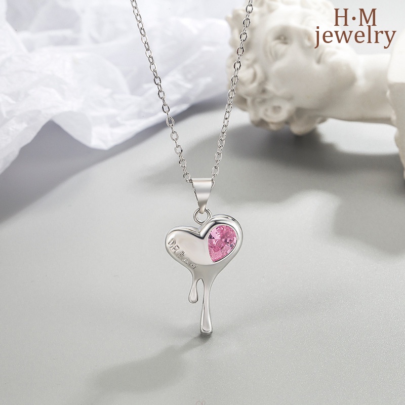 Kalung Rantai Sterling Silver 925 Dengan Liontin Hati Warna Pink Untuk Wanita