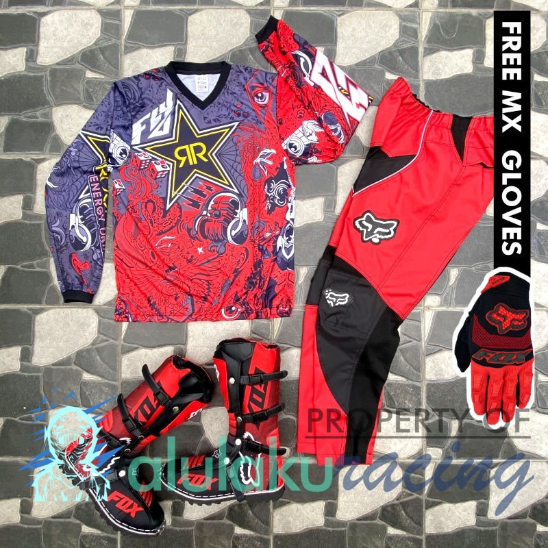 Jersey, Celana, Sarung Tangan &amp; Sepatu Fullprint with Protectors Fullset MX Trail Motocross - Paket Bundling RSCTFG010303-F43