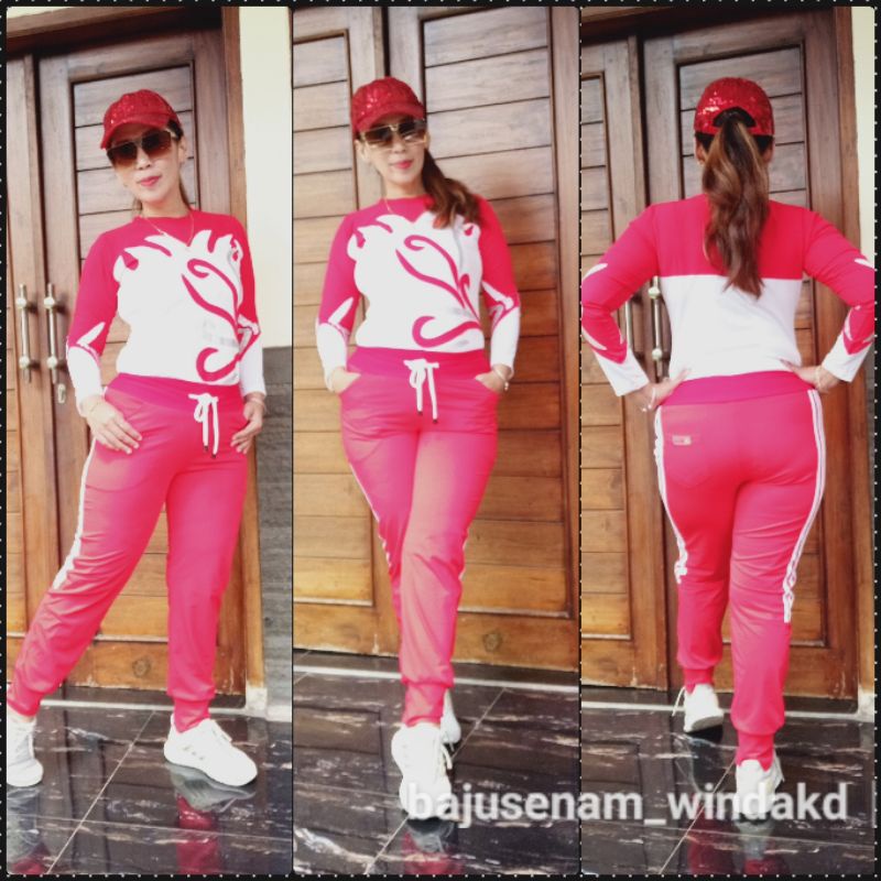 Set Baju Senam Jogger Merah Putih Silver Etnik