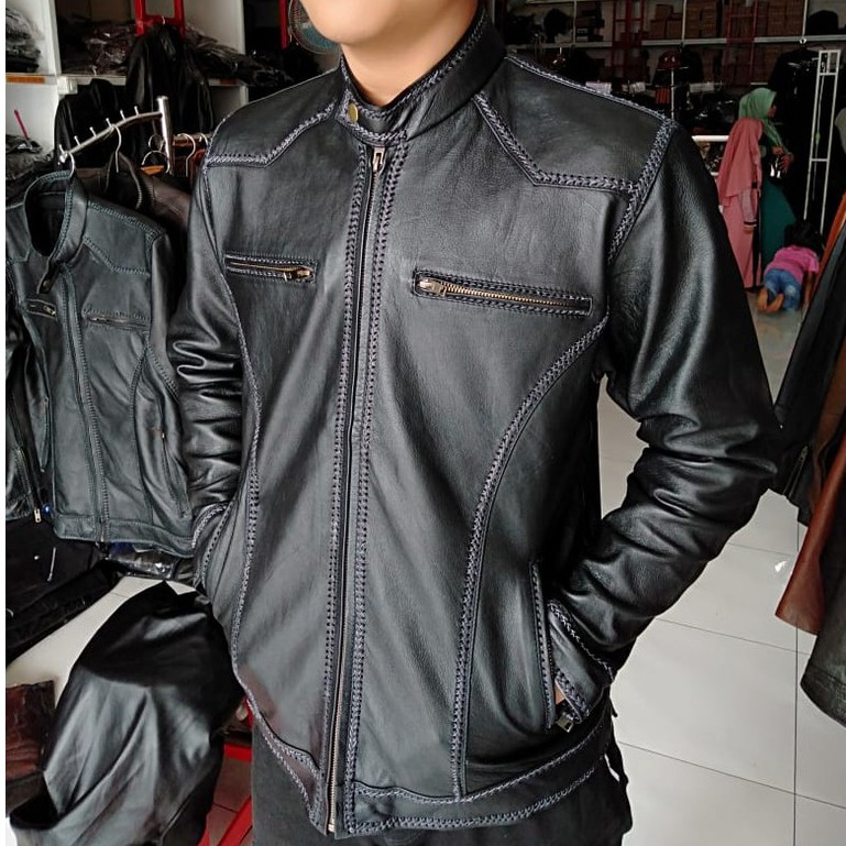 Jaket Kulit Pria Asli Domba Model Jahitan Sulam Elegant Brownie Ariel Noah