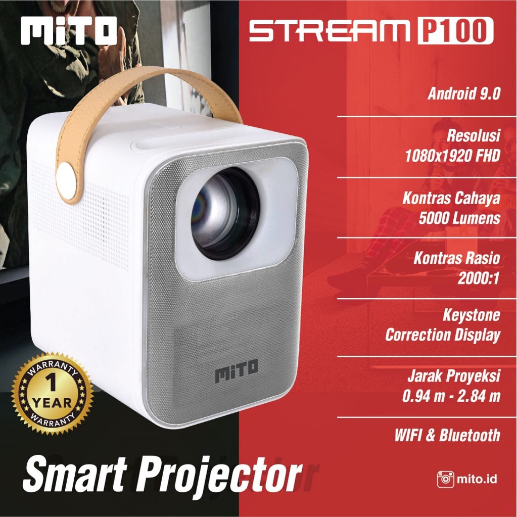 MIto Smart Projector Stream P100 Android 9.0 WIFI BLUETOOTH Proyektor Garansi 1 Tahun