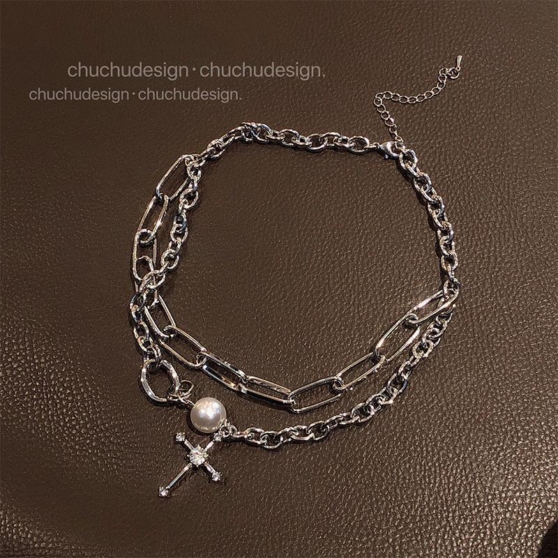 Cross Double Layered Necklace Hip Hop Pearl Pendant Clavicle Chain