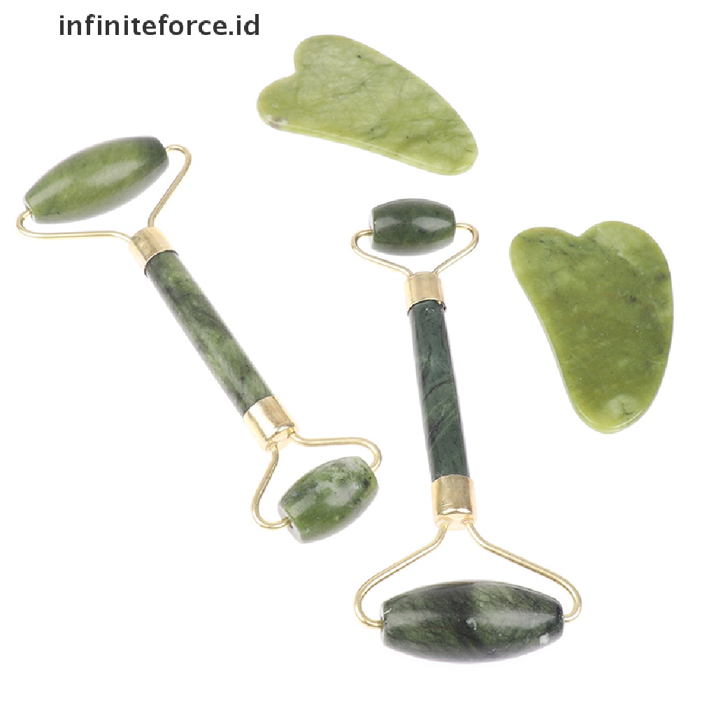 Infiniteforce.id Set Alat Pijat Roller Batu Giok Guasha Alami + Scraper Untuk SPA Wajah