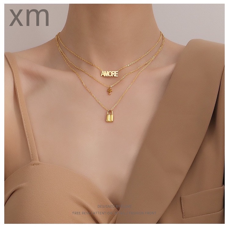 Kalung Rantai Klavikula Titanium Steel 18K Rose Gold Tiga Lapis Dengan Liontin Rumbai Untuk Wanita