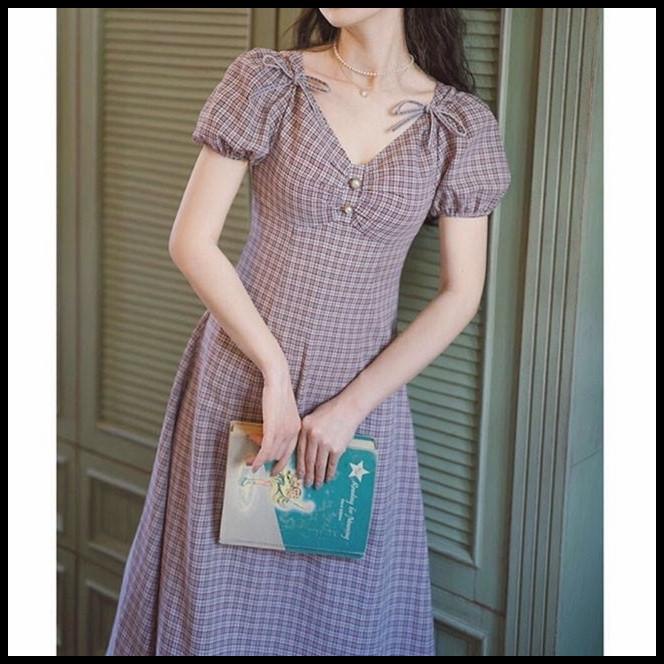 Midi Dress Checkered Dusty Purple Vintage Casual Elegant Korean Tnf