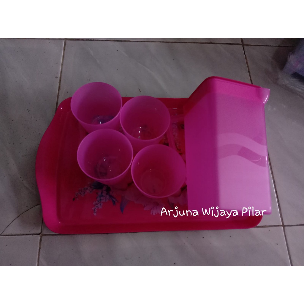 Nampan Teko Gelas Plastik set - Topan Set 4 gelas,1 teko Calista Premium, 1 nampan gratis my bottle+ Bubblewrap