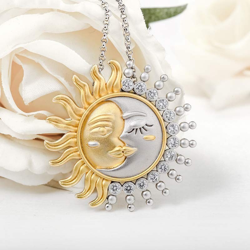 SIY  Two Tone Yellow Gold Solid Reversible Sun Moon Pendant Charm Necklace