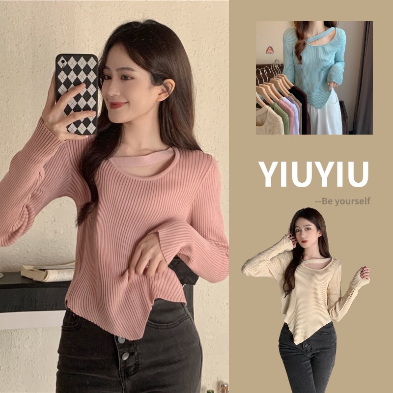 YIU YIU Rajut - Sweater Rajut Crop Top Lengan Panjang Wanita Korean