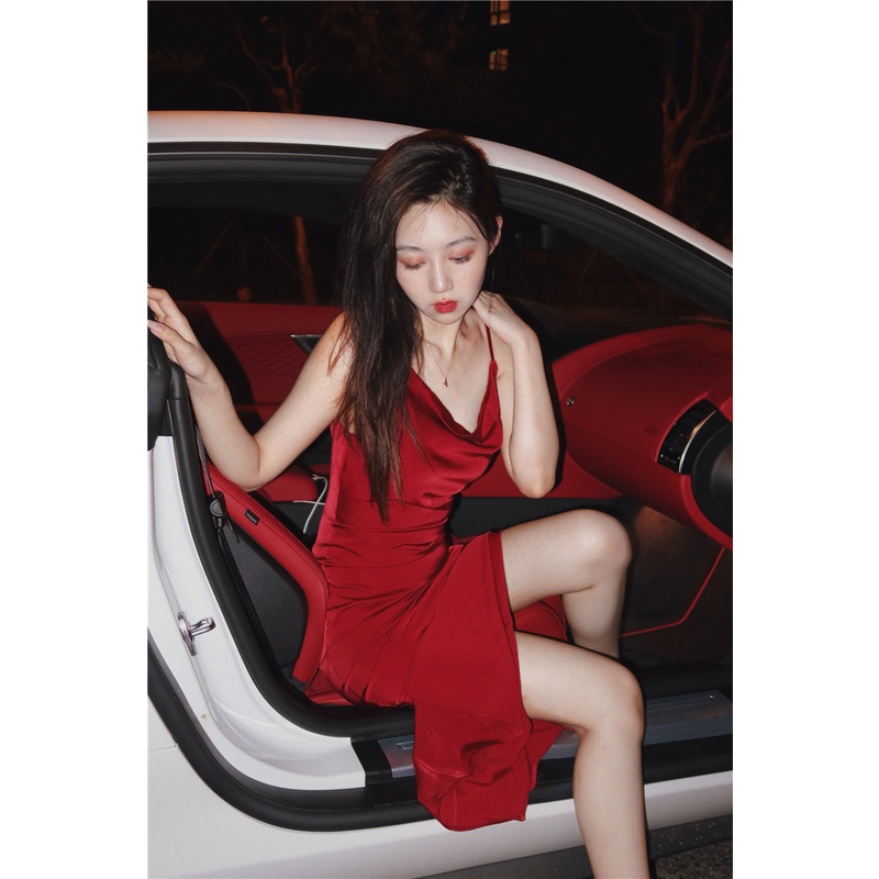 midi dress korea french red over-the-knee slip dress midi high waist skirt