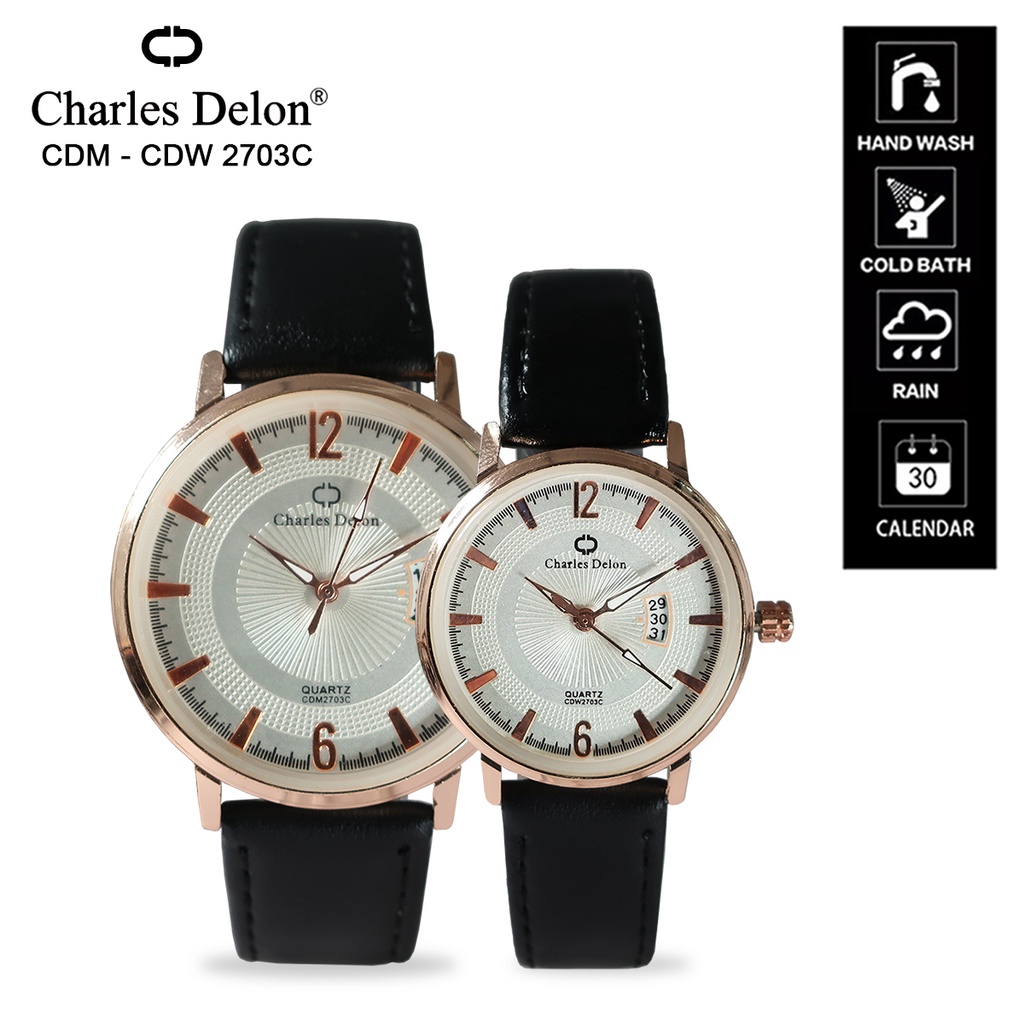 Jam Tangan Wanita Pria Couple Watch Kulit Anti Air Tanggal Box Original Charles Delon 2703C