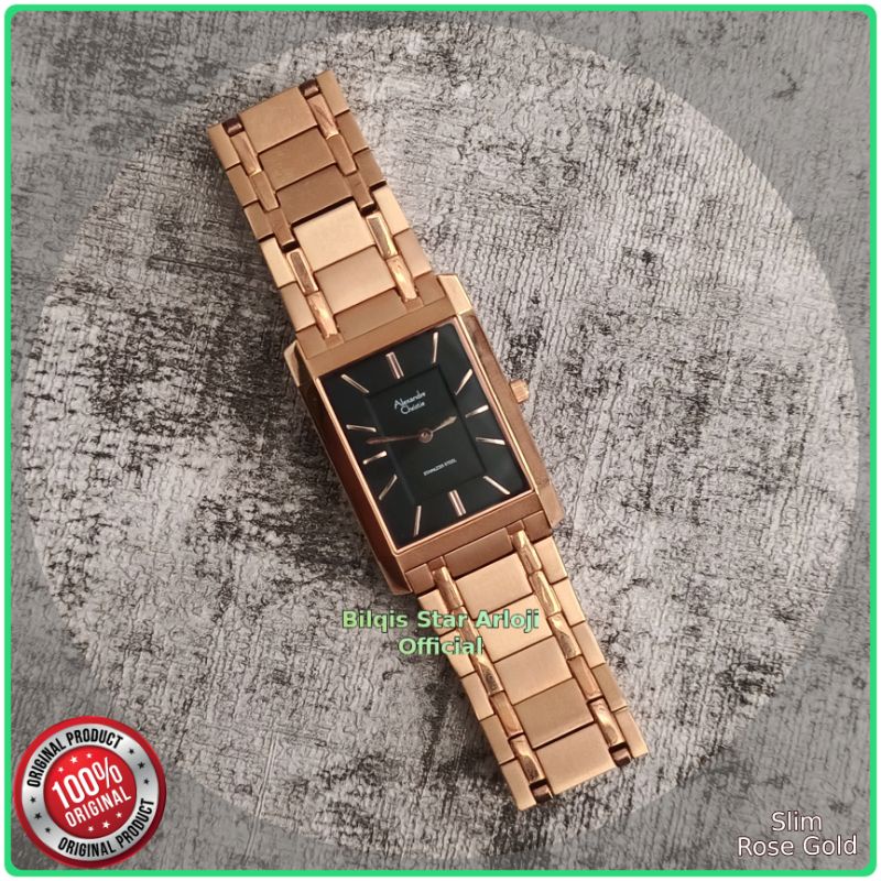 Alexandre Christie Kotak Slim AC 8606 Wanita Tali Rantai Rose Gold Original