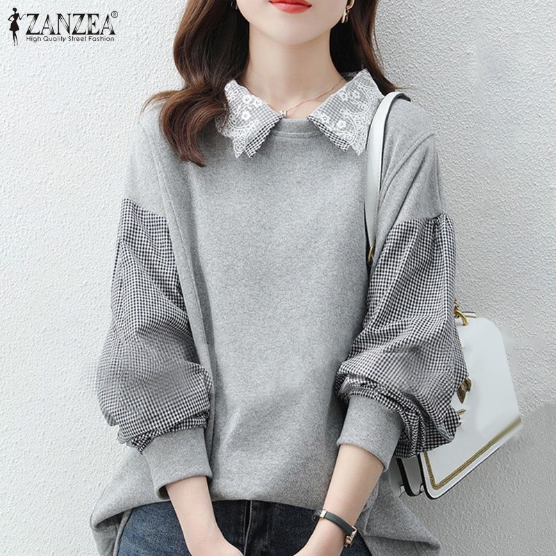 ZANZEA Women Puff Sleeved Plus Size Loose Sweatshirts Elegant Patchwork Blouse