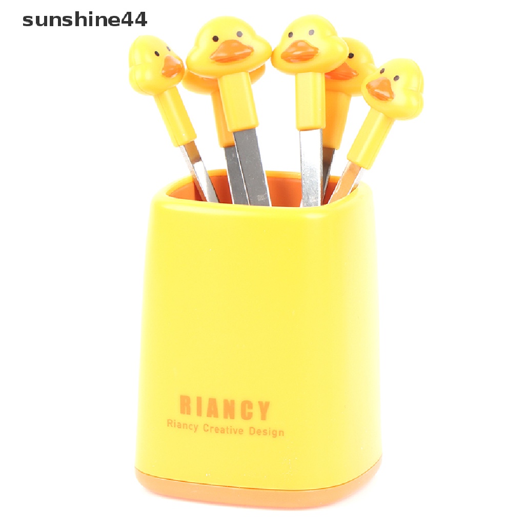 Sunshine 6pcs / Set Garpu Buah / Dessert / Salad Mini Bentuk Bebek Kartun Bahan Stainless Steel