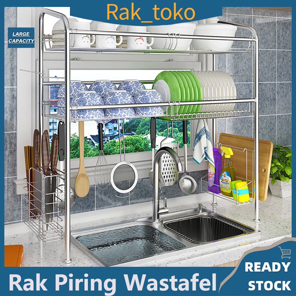 (COD)Rak Piring Wastafel Stainless Steel 304 Rak Wastafel Aesthetic Rak Pot Sendok Garpu Kapasitas Besar Stabil