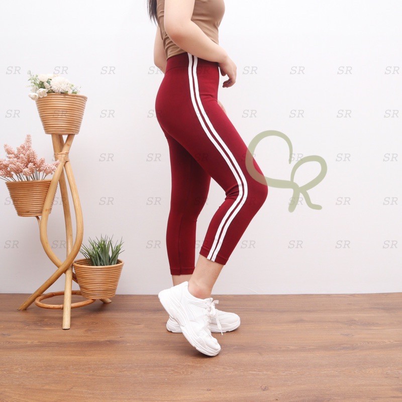 Legging Import Wanita List Putih Stripe Polos Premium Melar Murah