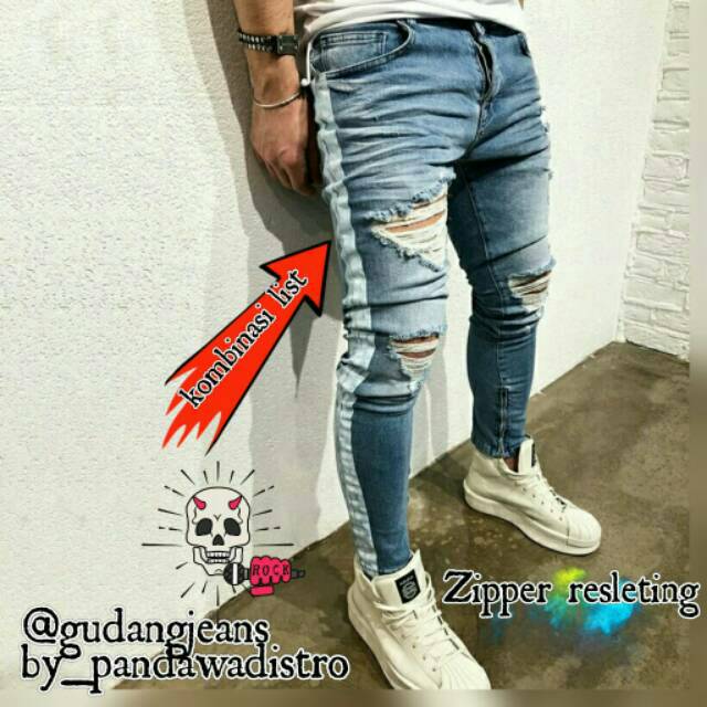  celana  jeans  pria  sobek  sobek  panjang model  kombinasi 