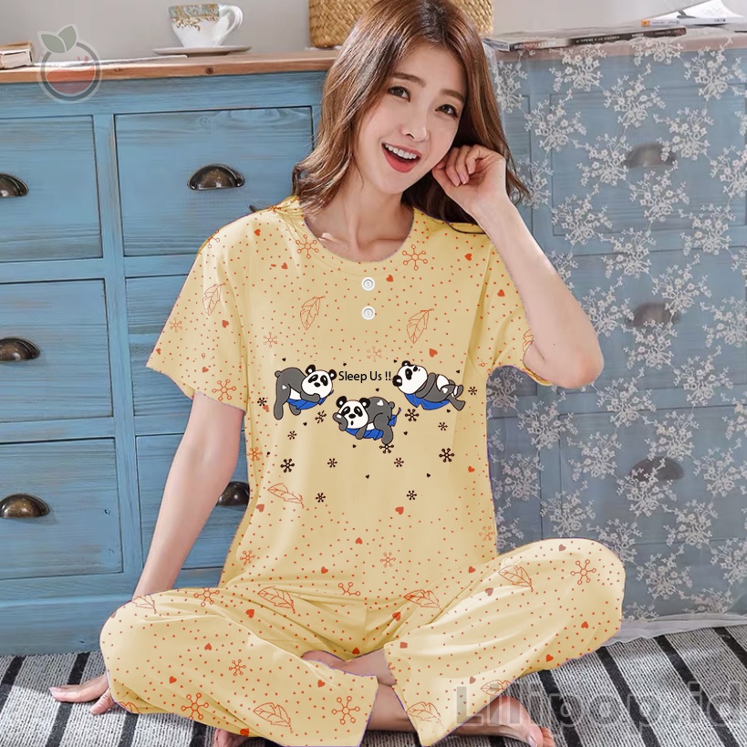 Baju Tidur Stelan Wanita Celana Panjang Baby doll Dewasa Piyama Allsize Cp Lilipop Sleep Wear-Panda kuning