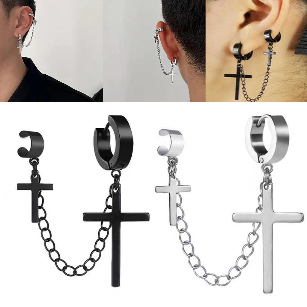 Hu Hu Hu Hu Hu Alat Bantu Pasang Kacamata♡ 1 Pc Anting Rantai Rumbai Salib Bahan Logam Gaya Punk Hip Hop Untuk Pria