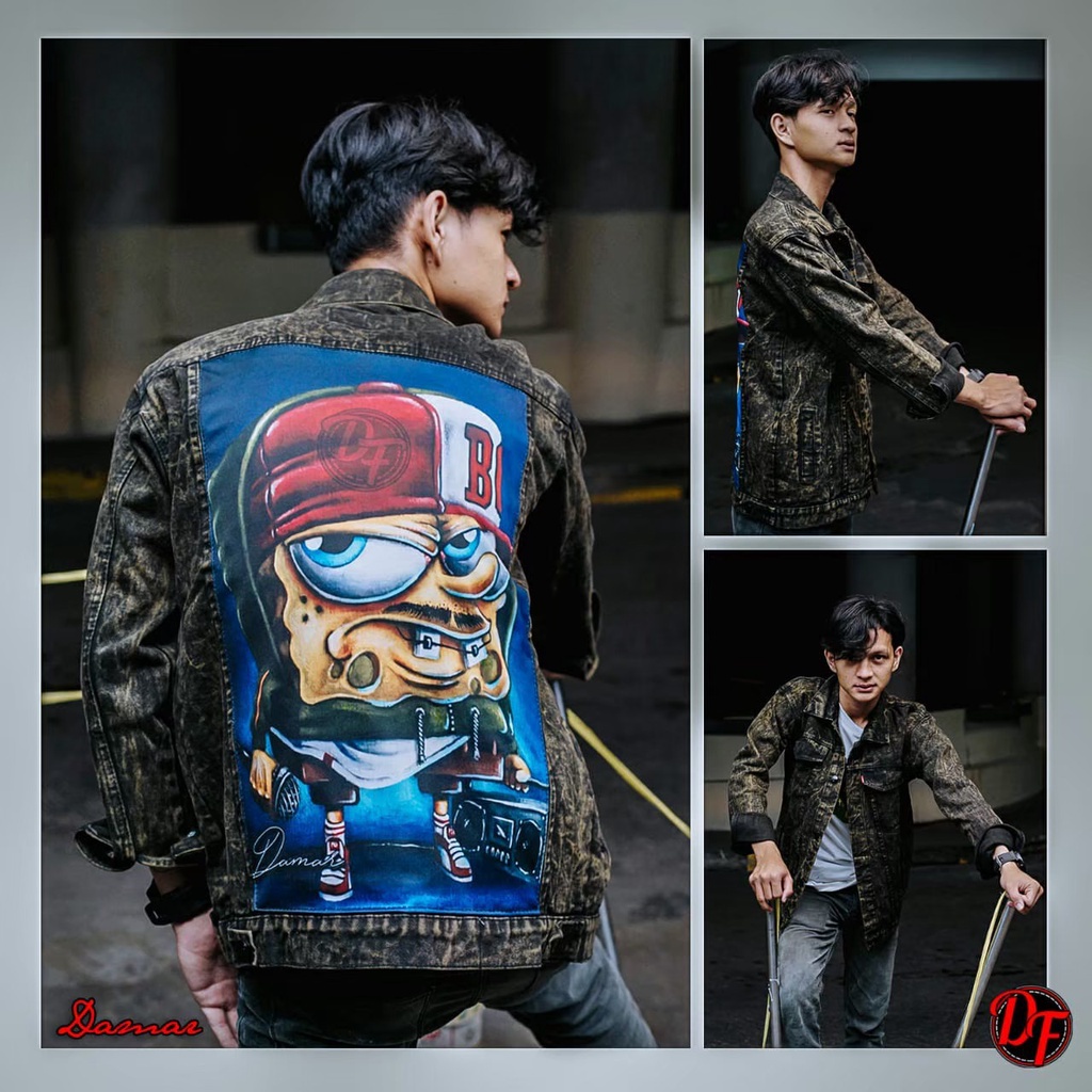 JAKET JEANS GAMBAR BELAKANG DENIM PRIA PRINT FULL PATCH EMBLEM PREMIUM JACKET SOBEK COWOK JEKET GAMBAR KARAKTER TERLARIS