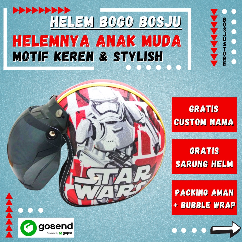 HELM BOGO RETRO KULIT WANITA DEWASA KACA DATAR MOTIF ROBOT STAR WARS MERAH PUTIH - HELEM BOGO BOSJU