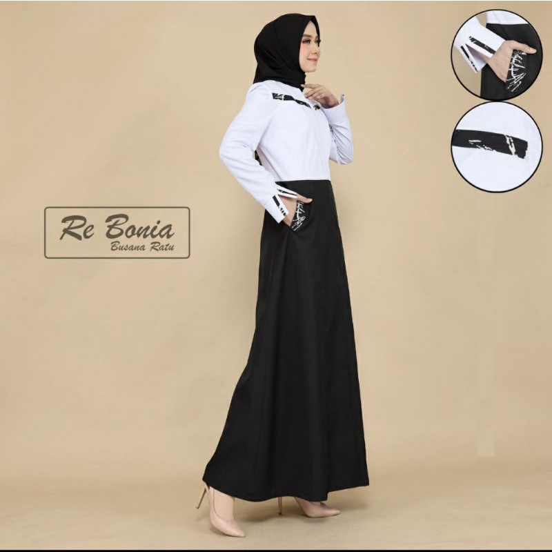 Gamis re bonia/gamis Hipu/gamis putih hitam