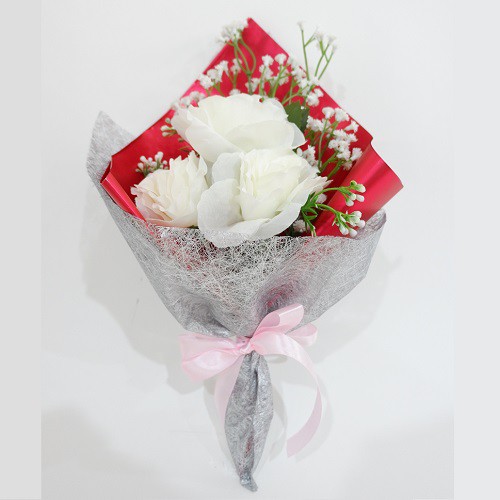 WANFlower Buket Bunga Mawar X3 + Baby Breath * Putih