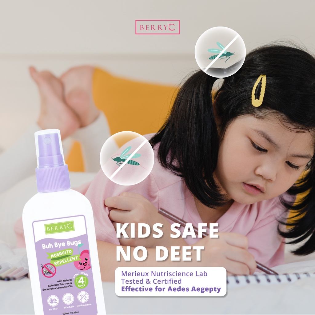 BerryC Buh Bye Bugs 100ml Mosquito Repellent Spray Anti Nyamuk Natural Antibacterial Ampuh Aman Untuk Anak dan Dewasa Kemenkes No DEET Hypoallergen Alergi sensitive skin kulit sensitif dengue dbd kutu tungau serangga natural organik impor lembut malaysia