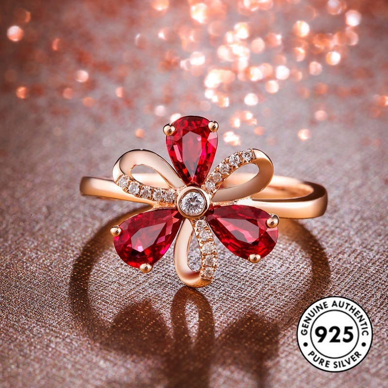 Cincin Sterling Silver 925 Model Bunga Warna Rose Gold Untuk Wanita Ruby