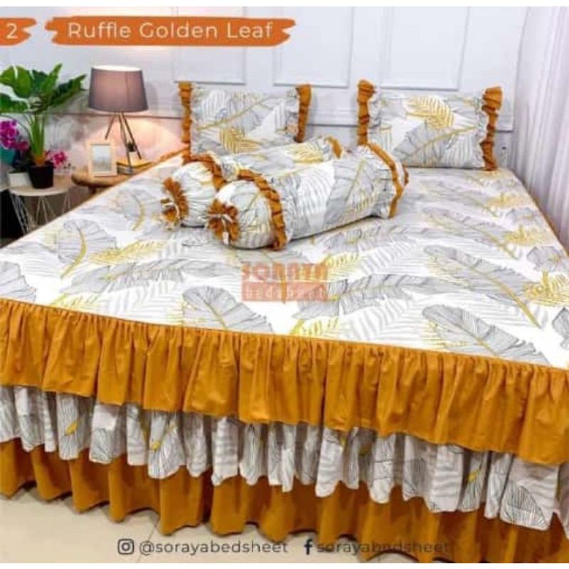 Sprei katun rumbai pengantin susun 3 motif Golden Leaf ukuran 180*200
