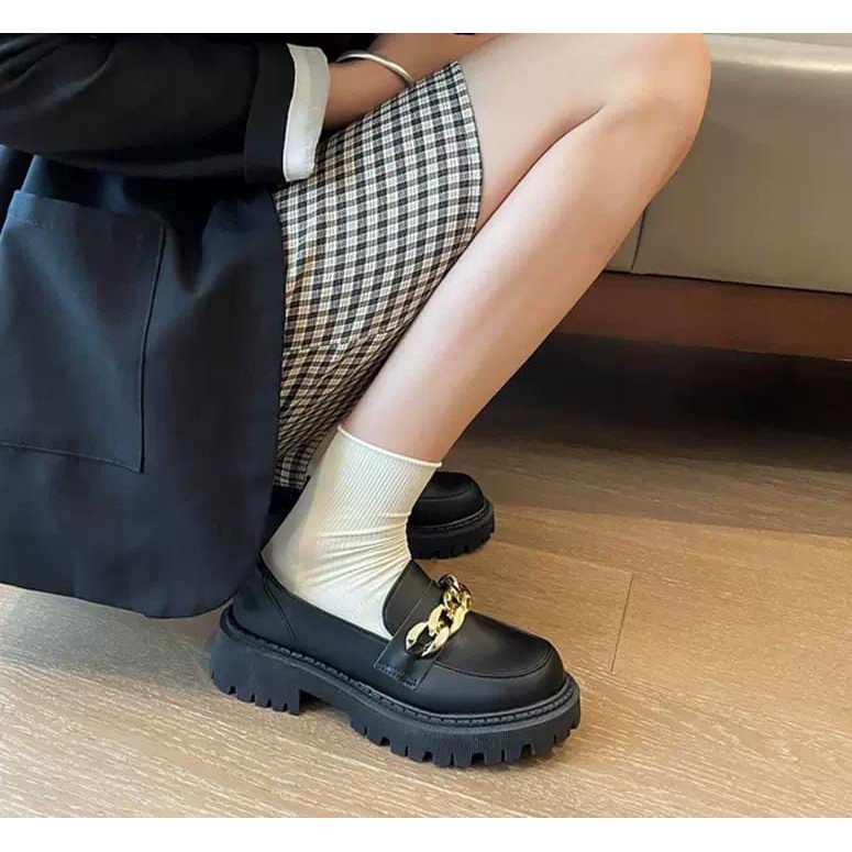 fakhrieshop- SEPATU WANITA LOAFERS DOCMART RANTAI GOLD BLACK DOF BEST SELLER BD 08